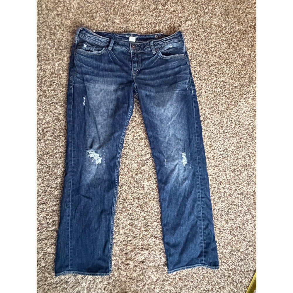 Silver Jeans Co Sam Mid Rise Straight‎ Leg Distressed Jeans Dark Wash W34 L29